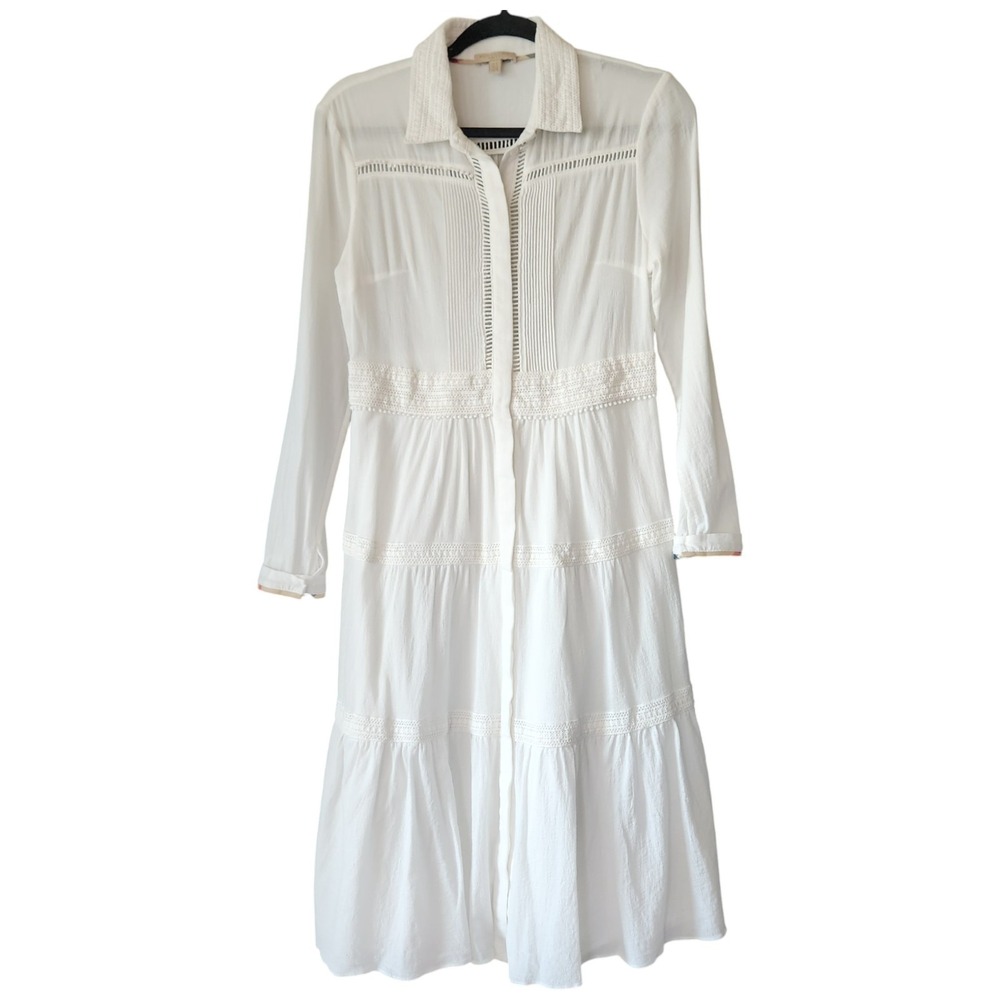 Burberry Brit Midi Maxi Tiered Dress White Size US 4 Long Sleeves Collared - Picture 14 of 16
